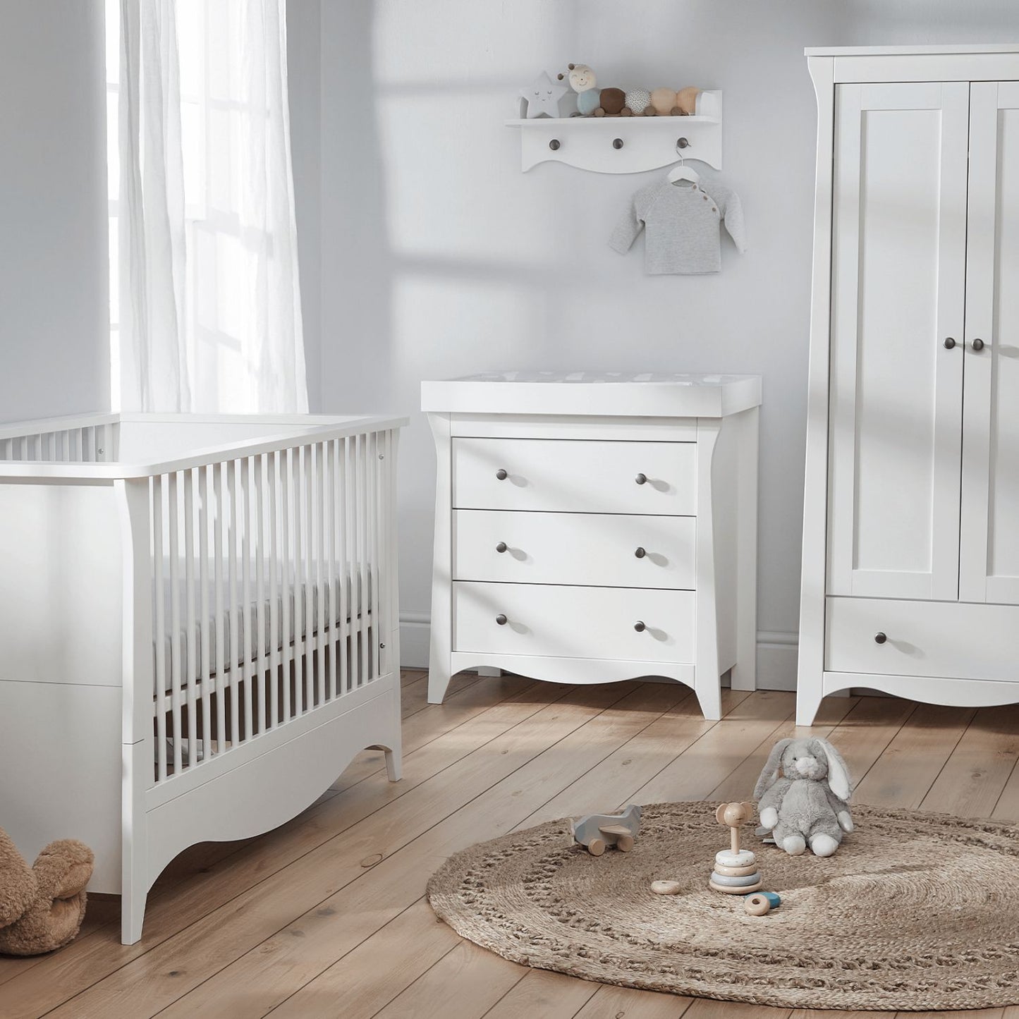 Cuddleco Clara 3pc Set 3 Drawer Dresser, Cot Bed and Wardrobe White -  NEW EDLP