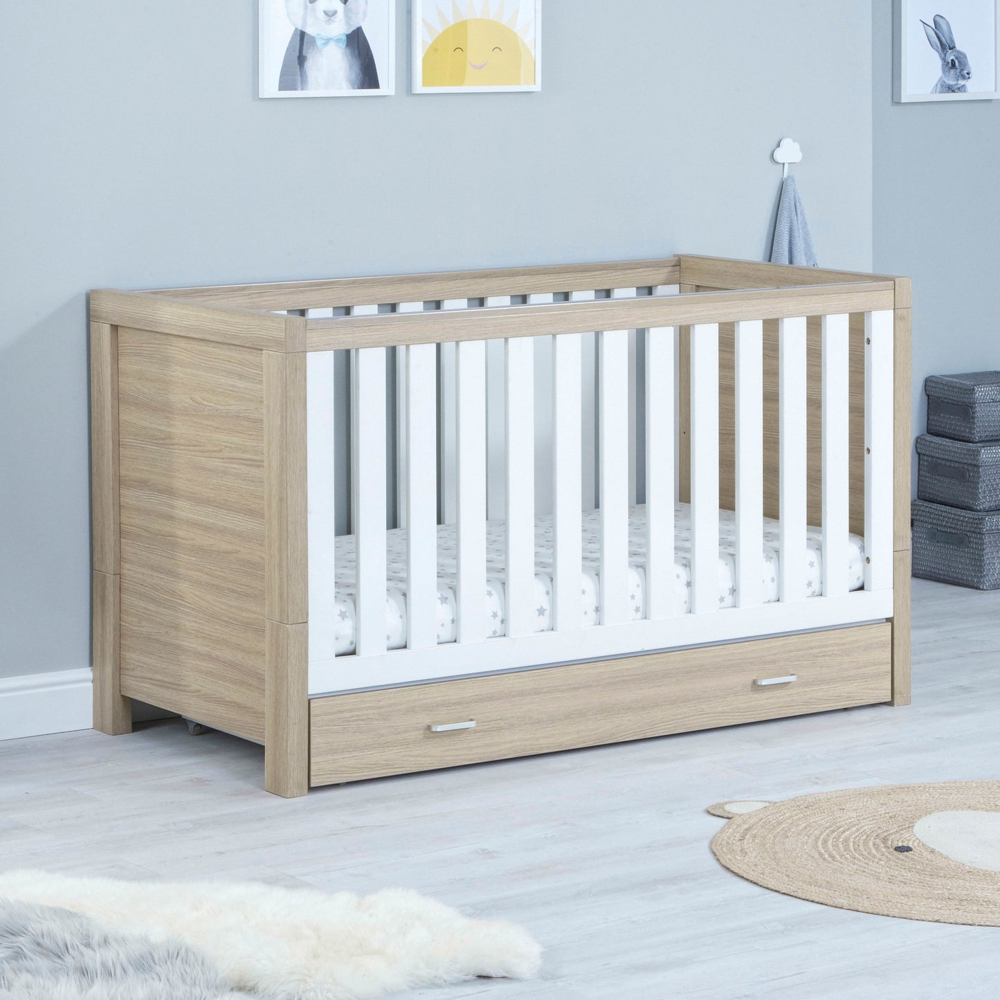 Luno Cot Bed With Drawer - Oak White